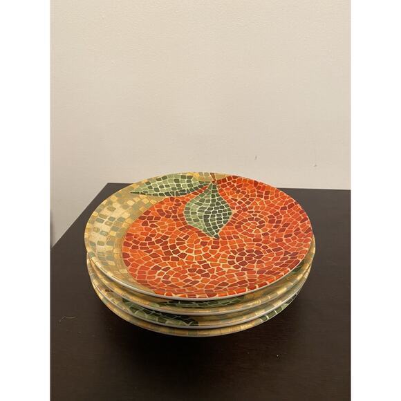 PIER‎ 1 MOSAIC FRUIT PER75 Set of 4 8" Salad/Dessert Plates Orange Apple Pears - Picture 1 of 6